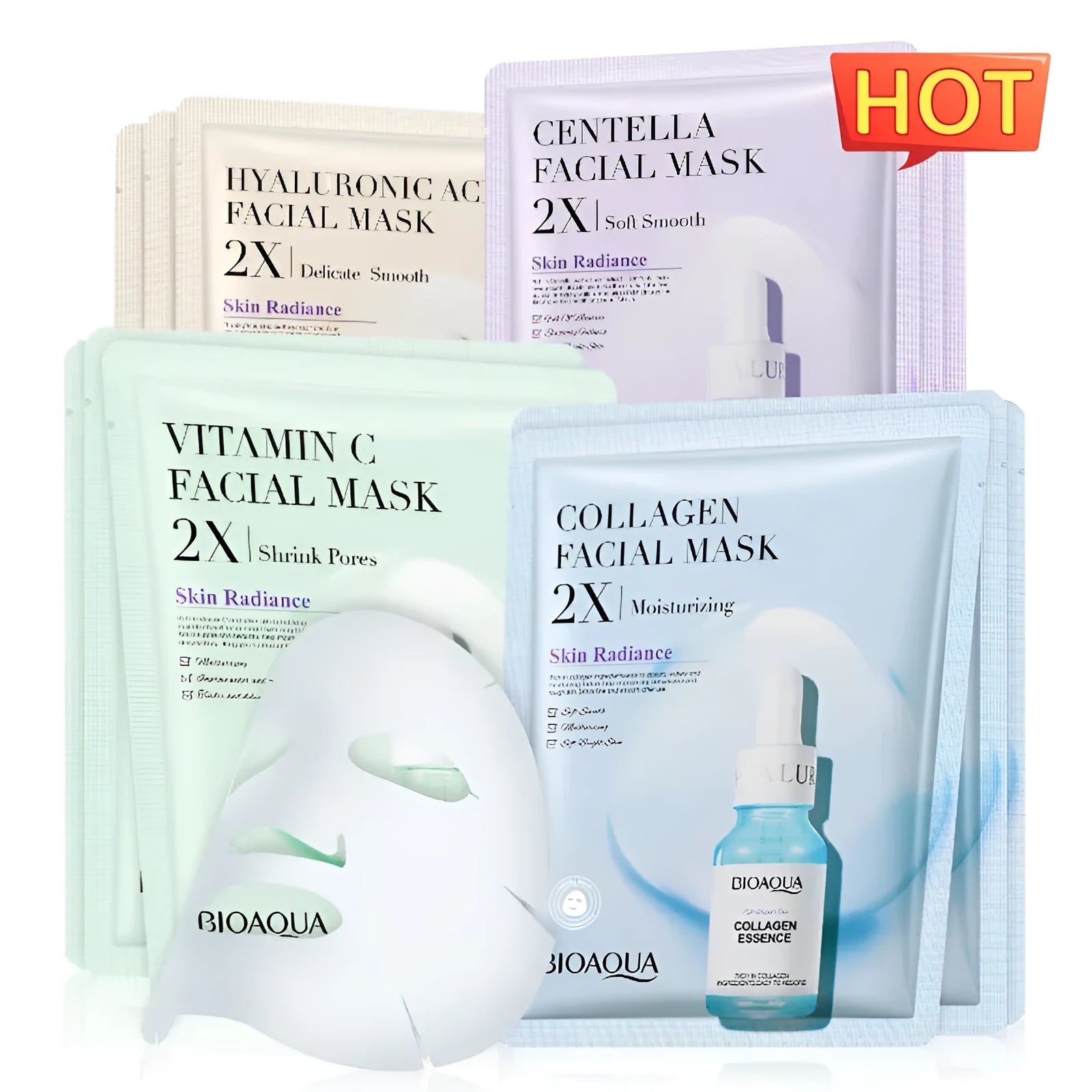 Single collagen hyaluronic acid facial sheet mask with 30g gel serum, shown on white background