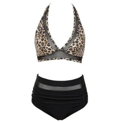 Women's black polyester bikini swimsuit set with separate top and briefs
