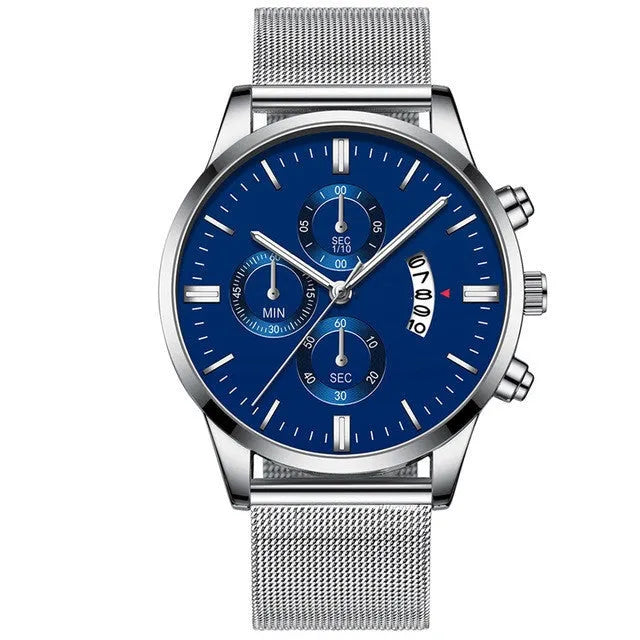 Men's stainless steel mesh band quartz watch with analog display in multiple colour options