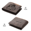 Coffee brown engraved horizontal short wallet showing personalisation and seven interior compartments