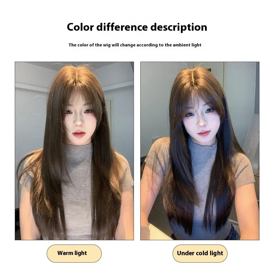 Cold brown layered long straight synthetic wig on a stand