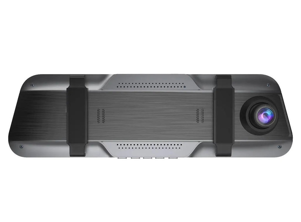 Black 10-inch touch screen dash camera rearview mirror with wide-angle lens for vehicle recording