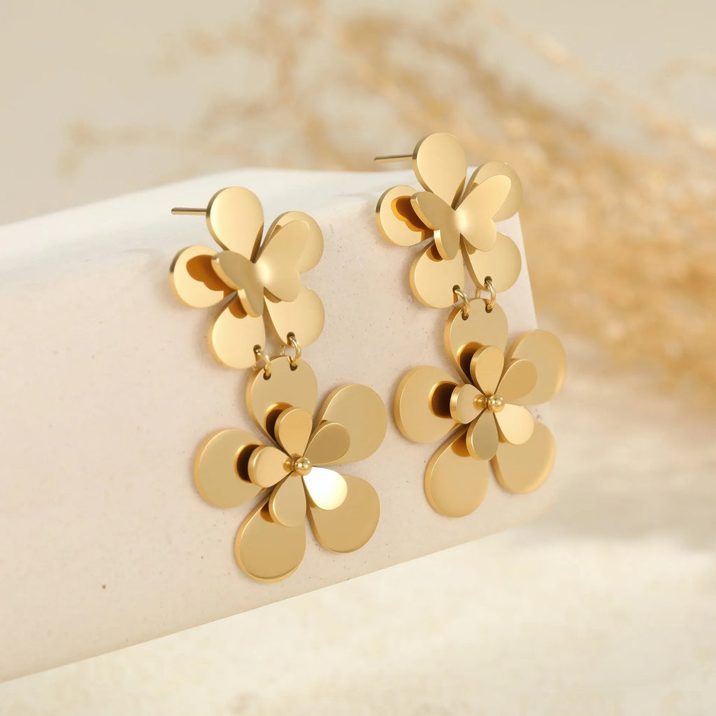 Gold flower butterfly stainless steel earrings with geometric animal zodiac designs for women