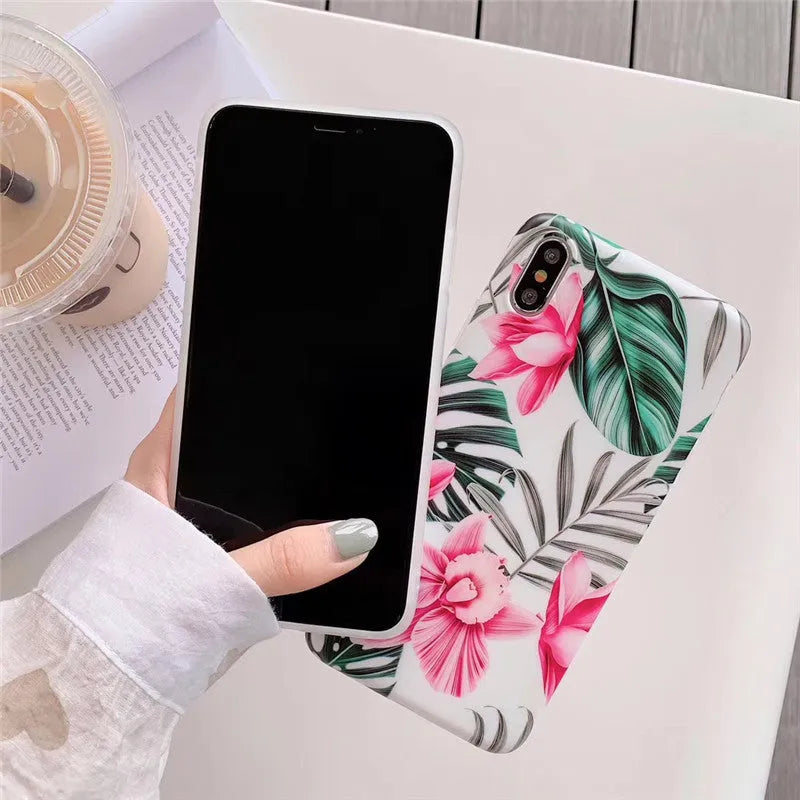 Pink floral print TPU phone case for iPhone showing back cover design