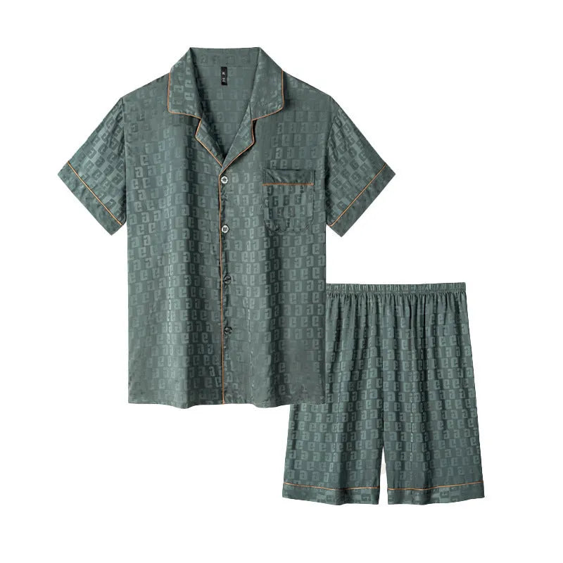 Men's ice silk summer pyjama set in cardigan style with short pants, shown in satin jacquard pattern