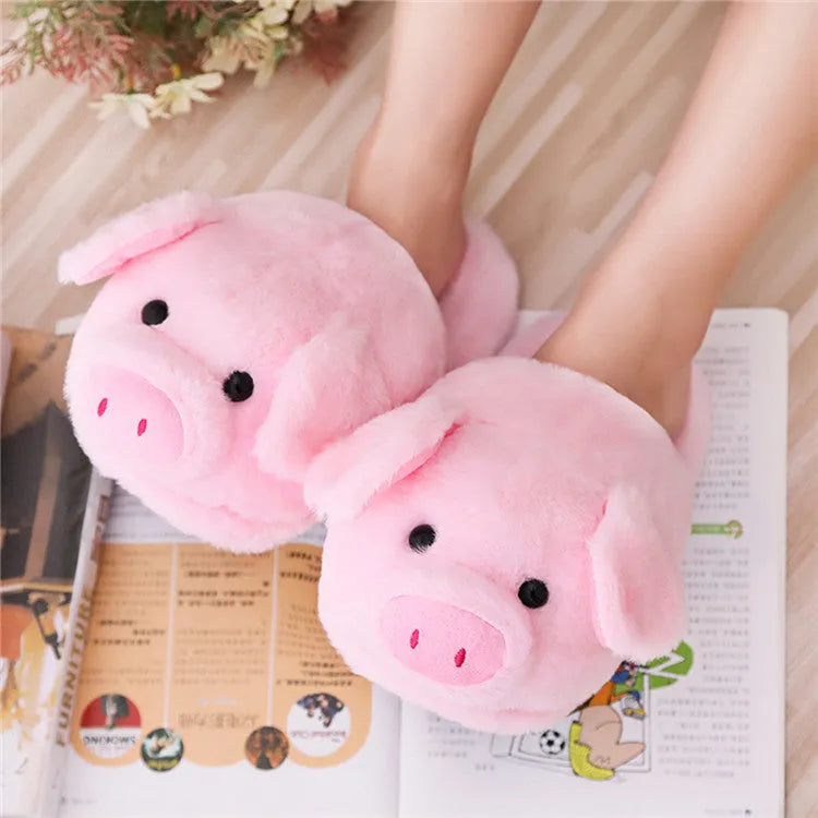 Pink pig plush floor slippers with PP cotton filling in women's sizes