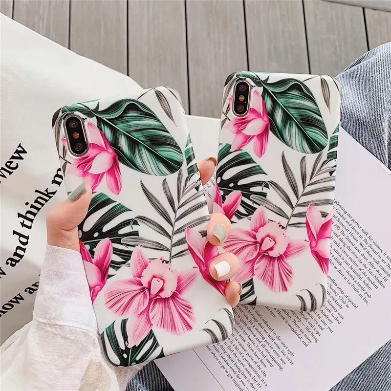 Pink floral print TPU phone case for iPhone showing back cover design