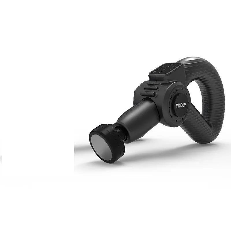 Black smart muscle massage gun with adjustable head, five attached massage heads, and carry bag.