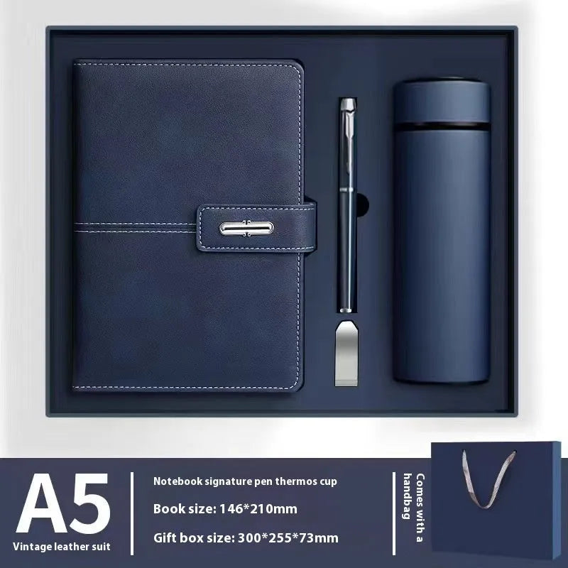 Custom A5 notebook with imitation leather cover in Business Black showing wood-free paper interior pages