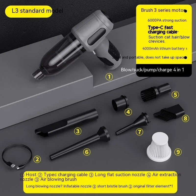 Standard Black car wireless handheld vacuum cleaner with 6KPa suction, 4000mAh battery, and Type-C port