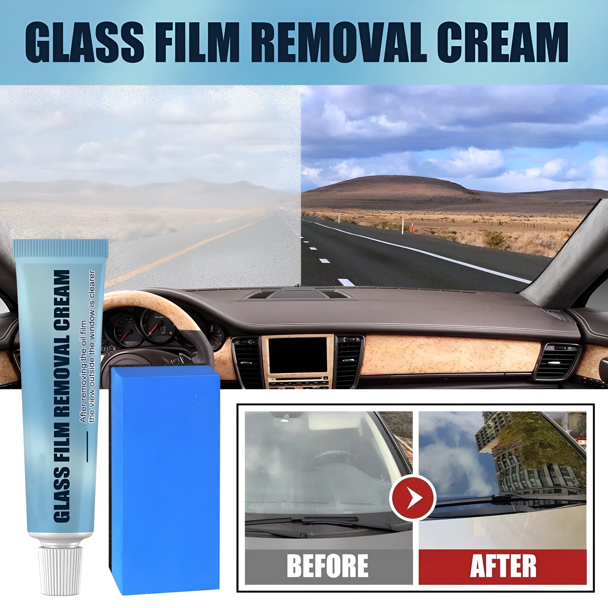 Blue car glass oil film remover and sponge brush on a white background.
