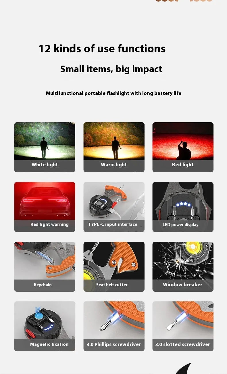 Portable multifunctional keychain flashlight with aluminium body, display screen, and window breaking hammer tip.
