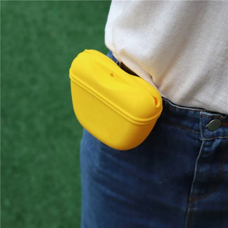 A silicone dog training treat pouch with a clip, shown in one of six available colours.