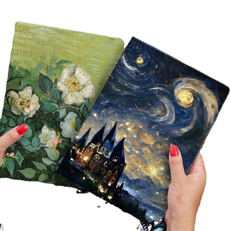 Handmade liquid silicone flip case for iPad featuring floral and oil painting designs.