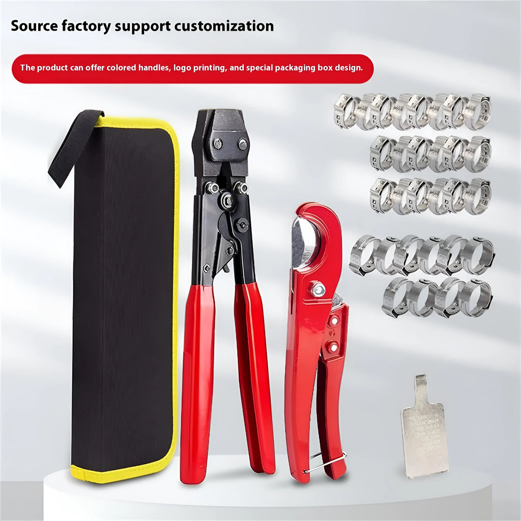 Red cloth single ear PEX clamp set with metal construction and carbon steel cutting edge