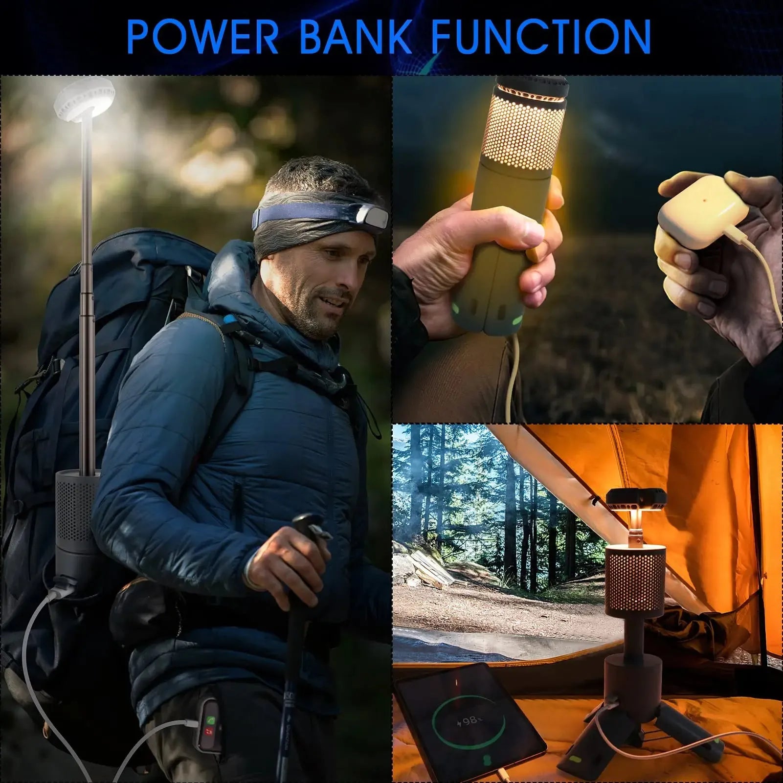 Portable LED camping light with battery power and button switch in off white or dark grey colour
