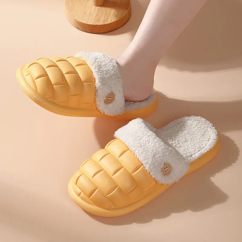 Women's pink detachable sole plush house slipper with round toe and flat heel