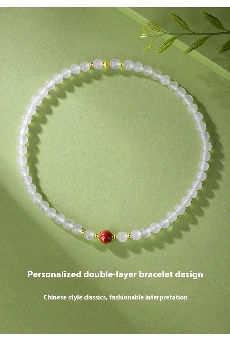 Women's double-layer white agate polished bracelet with 6mm geometric beads in national style