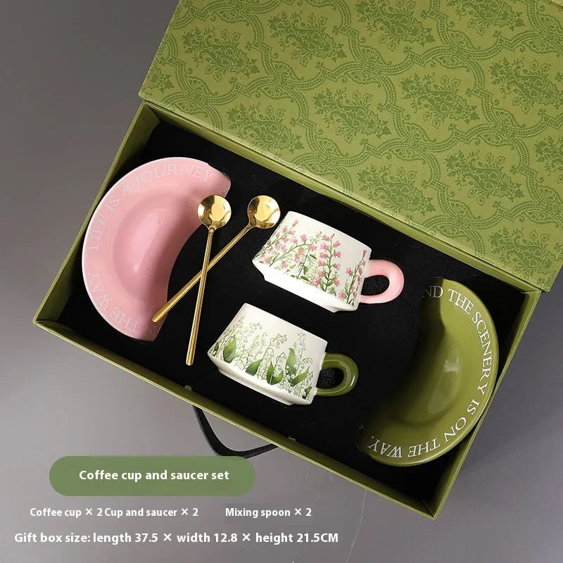 Ceramic couple's coffee cup set with saucers and spoons in Campanula or Lanling Grass designs