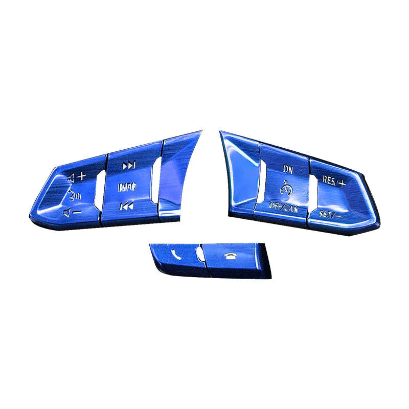 Aluminium alloy decorative stickers for car steering wheel buttons in brushed red, silver, and blue colours