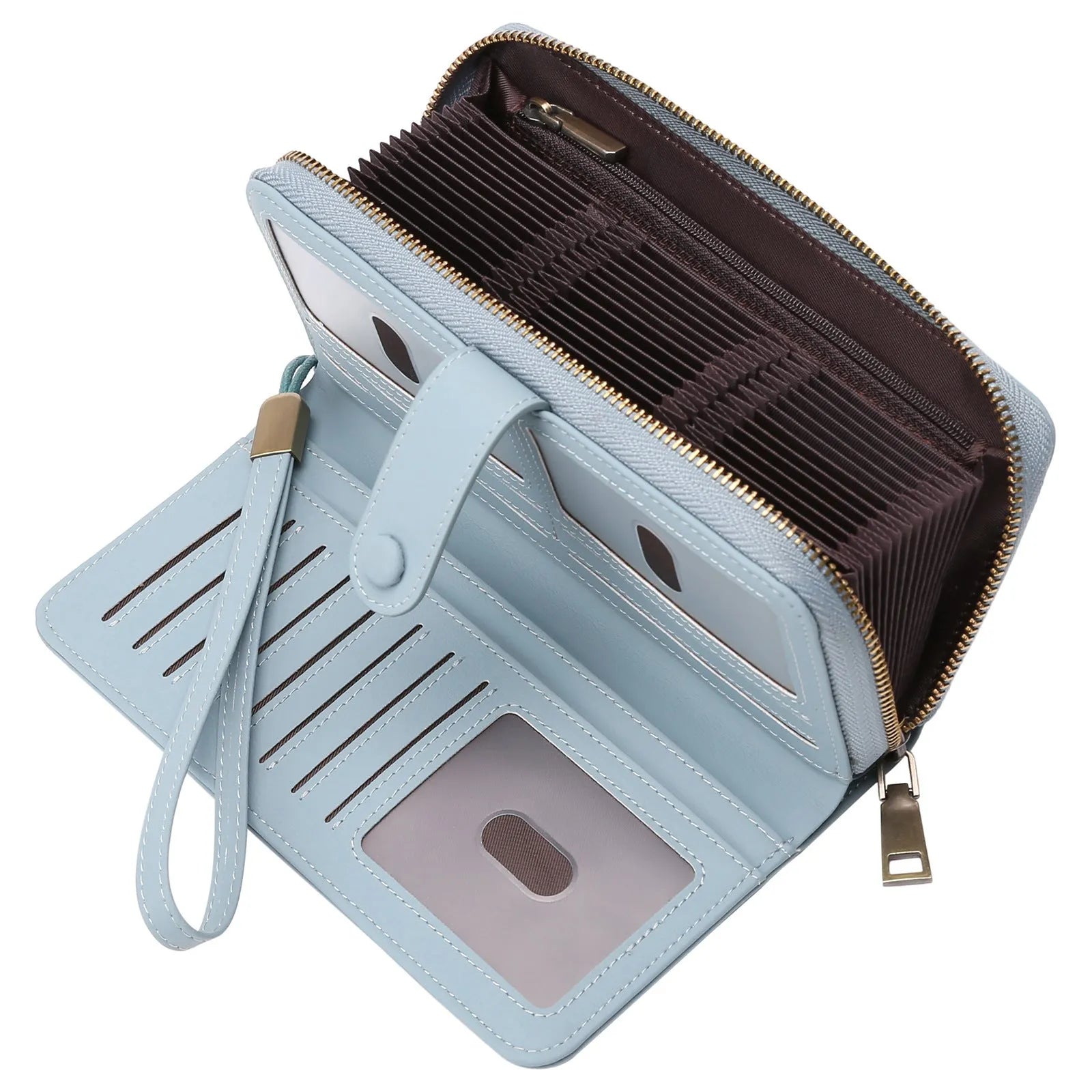 Women's long expanding card holder wallet in synthetic leather with anti-theft swiping feature