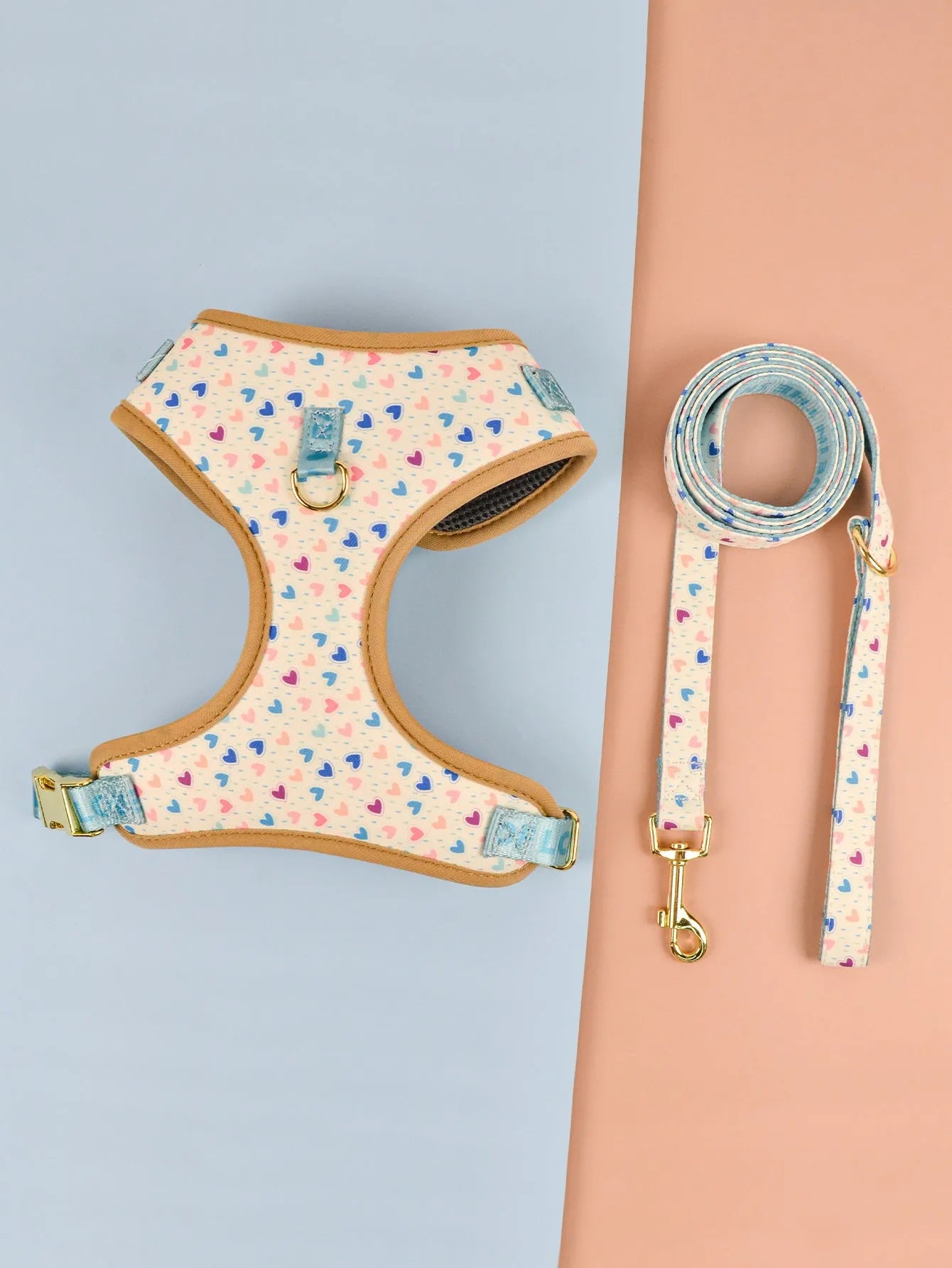 Polyester chest-back dog harness and lead set in a choice of six colourful patterns, sized for medium and large dogs.