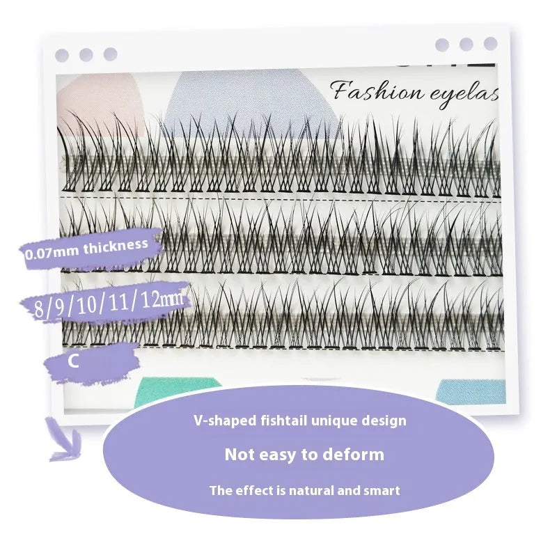 Black V-shaped fairy fishtail false eyelashes with thick segment design, showing 8mm to 12mm length options.