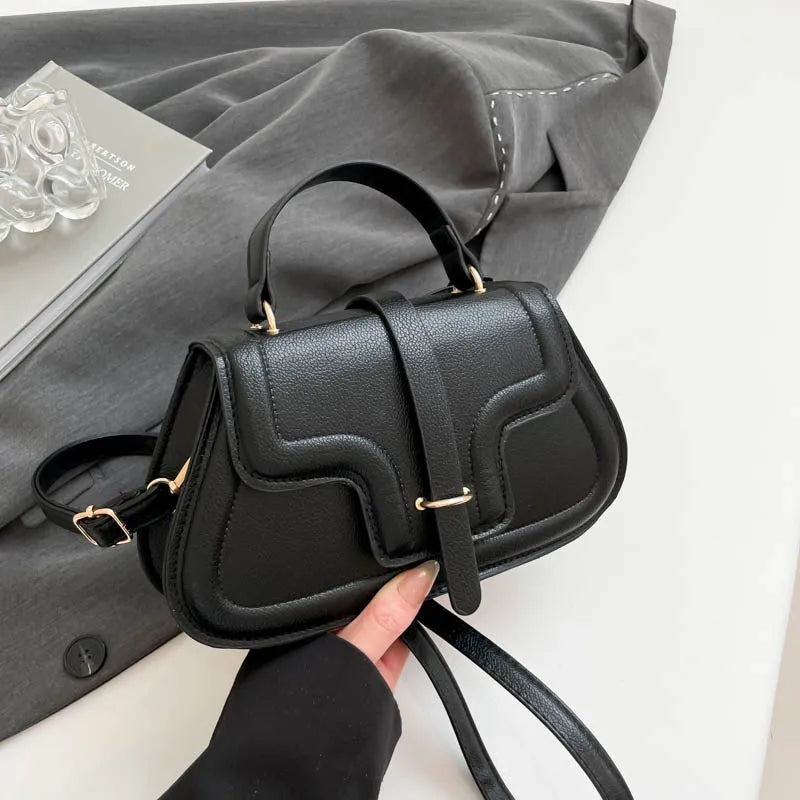 PU leather horizontal square casual handbag with stitching detail in black