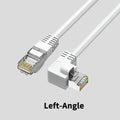 Cat6 Ethernet cable with angled RJ45 connectors in various colours and lengths on a grey background
