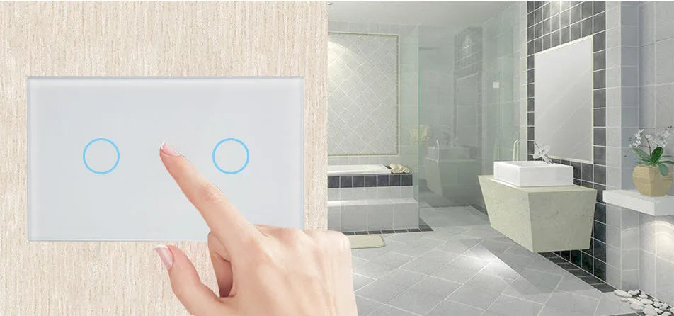 Modern 2-gang touch light switch with tempered glass panel in black, white, or gold.