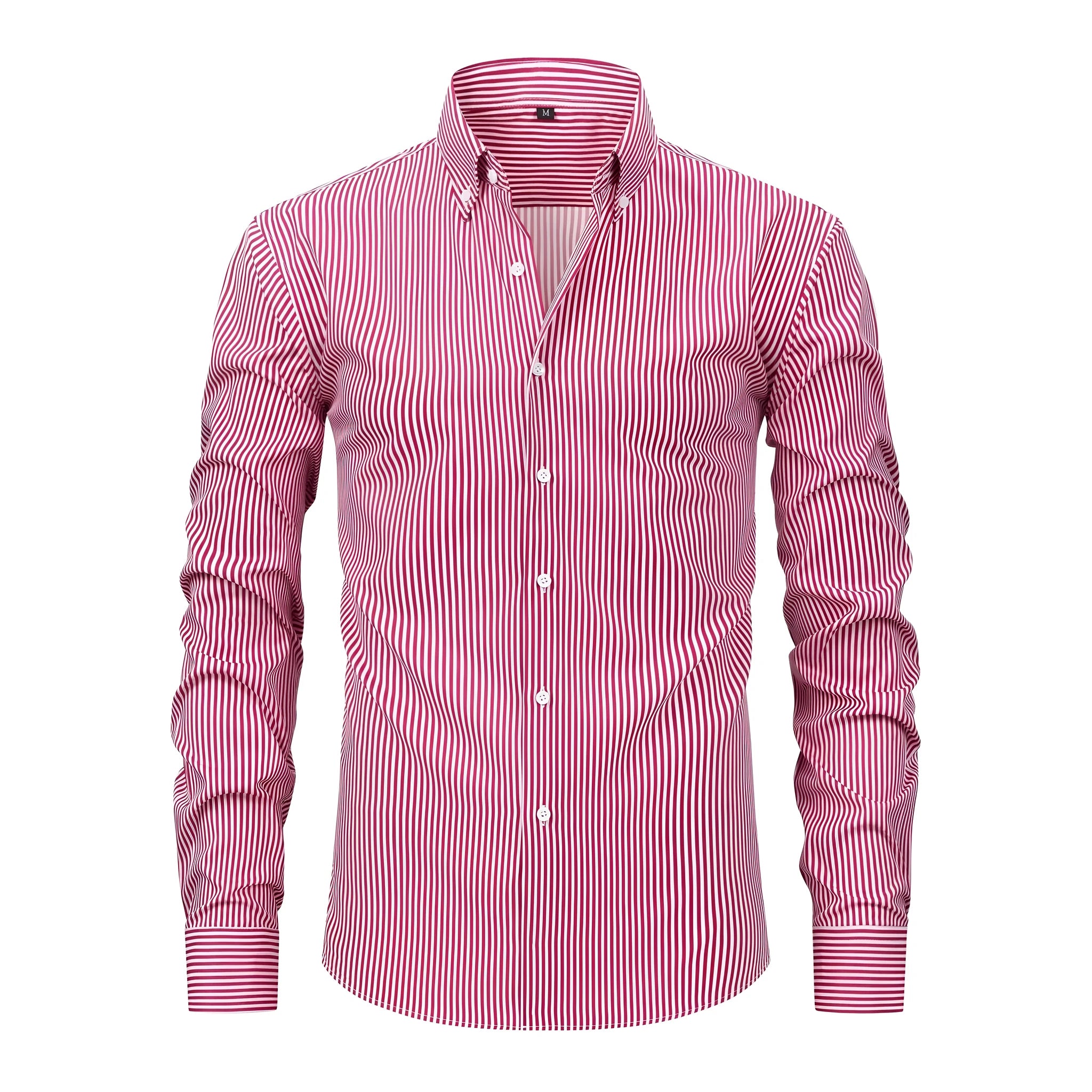 A man wearing a striped long-sleeved non-iron business casual shirt with a lapel collar.