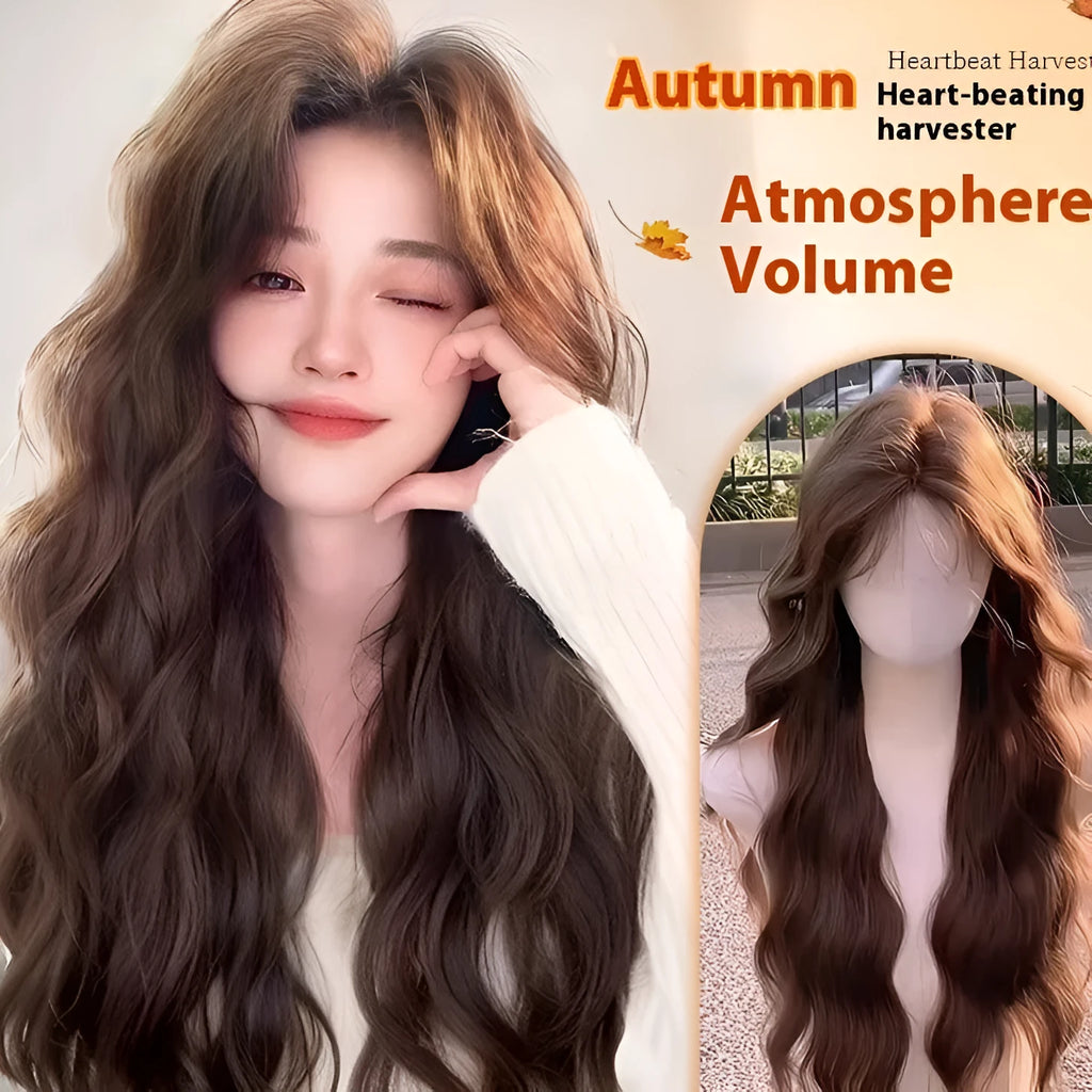 Full-head wig with long curly hair and side bangs in high temperature fibre material