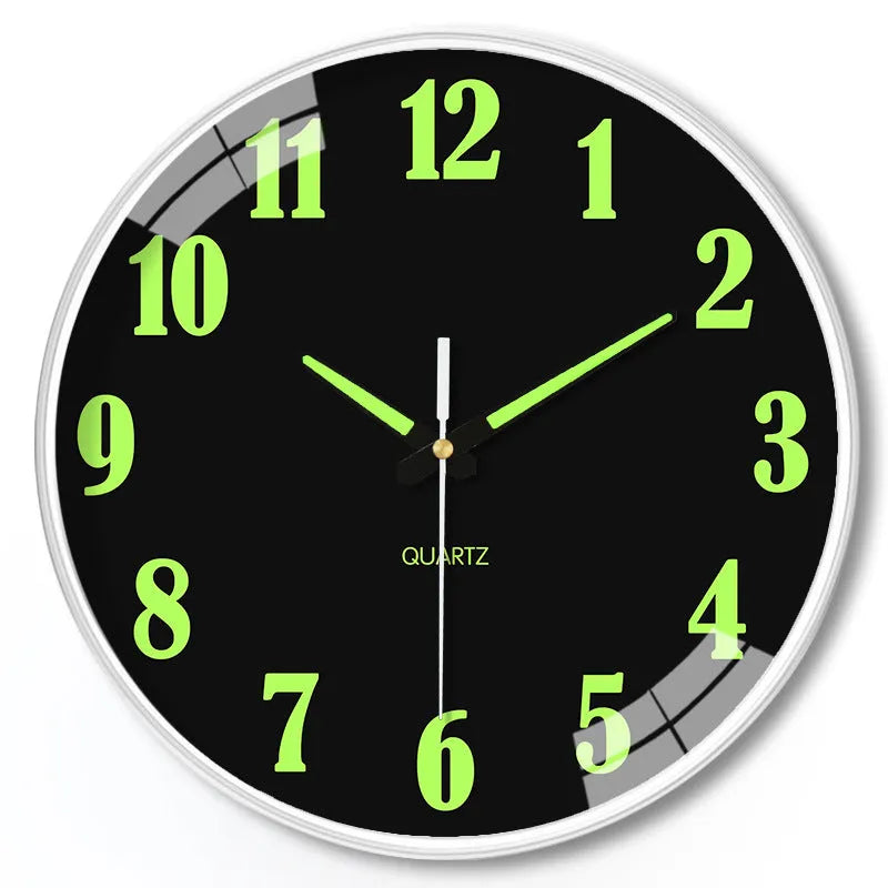 20cm round modern wall clock with luminous dial and black Arabic numerals on white face
