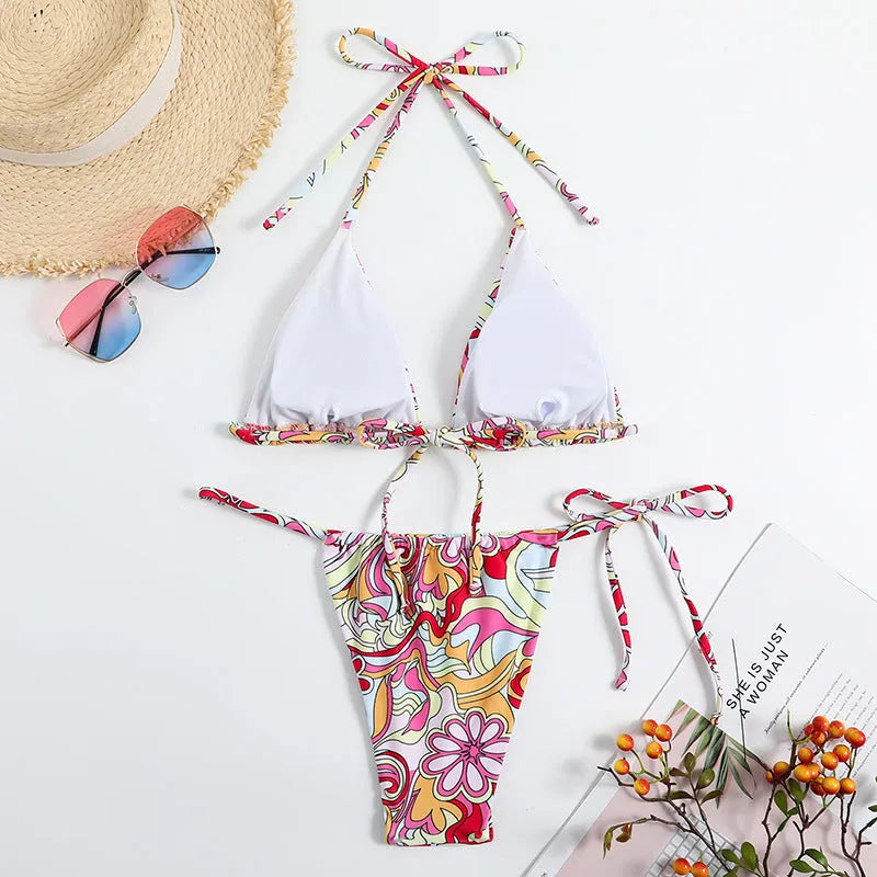 Women's multicolour triangle print bikini with hanging neck top and separate bottoms