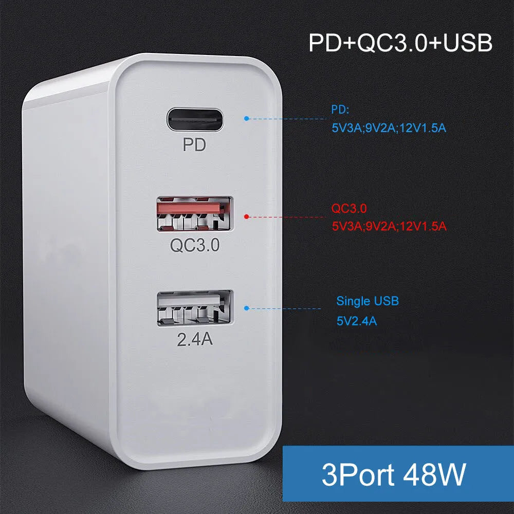 White multi-port USB fast charger with UK plug showing PD and QC ports on a table.