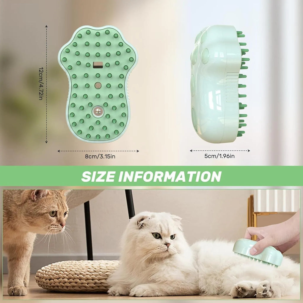 Blue self-cleaning cat steam brush with silicone head and water spray function.