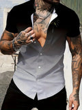 Men's slim-fit short-sleeve shirt with a geometric line pattern printed on the lapel.