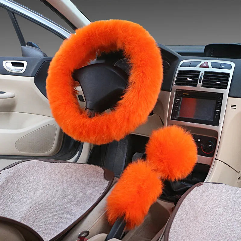 Wool steering wheel cover and handle covers three-piece set in multiple colour options for 38cm diameter wheels