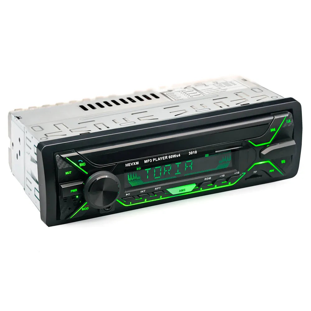 Front view of a black car radio MP3 player with LCD display, rotary knobs, and USB/TF card slots.