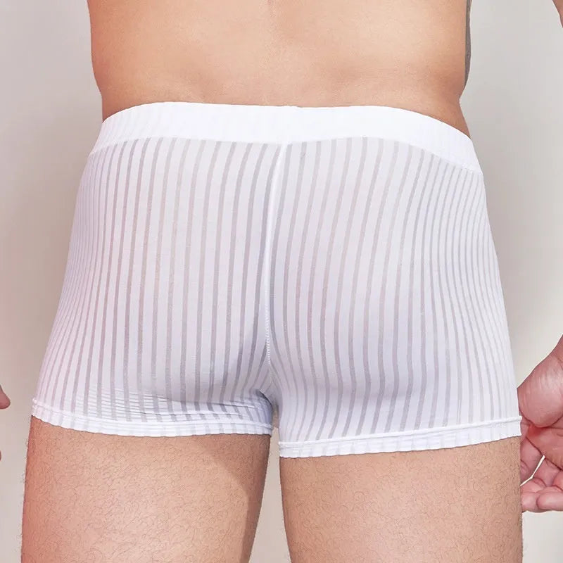 Men's thin striped nylon underwear in black, white, and dark grey colours