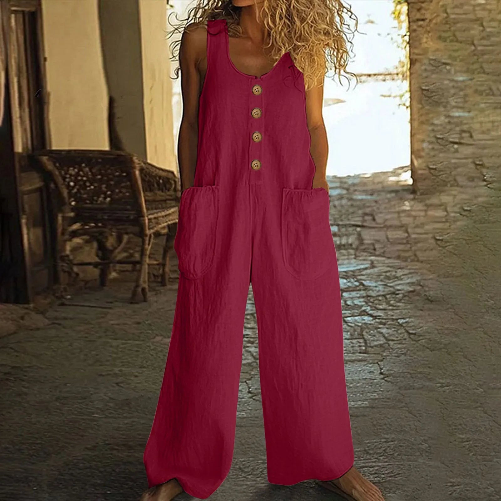 Sleeveless wide-leg cotton jumpsuit in art retro style shown in a selected colour