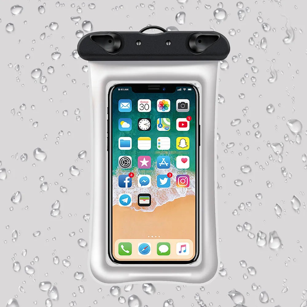 Orange waterproof phone pouch with black neck rope on a blue background.