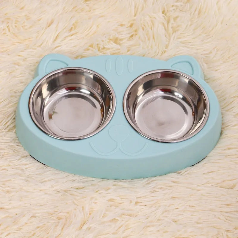 Stainless steel cat face bowl for feeding cats, available in blue, green, and pink