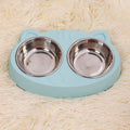 Stainless steel cat face bowl for feeding cats, available in blue, green, and pink