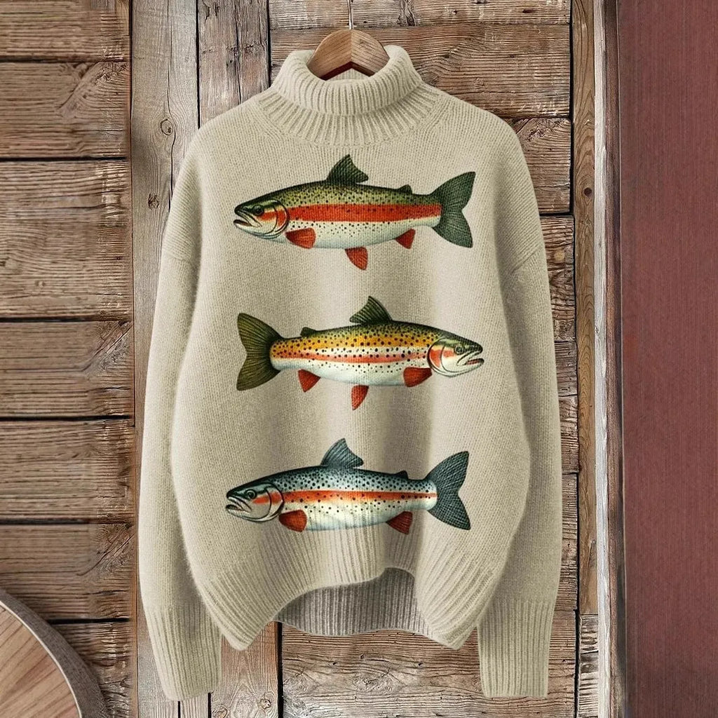 Women's loose fit Christmas printed turtleneck sweater in macaron colours with painting pattern design
