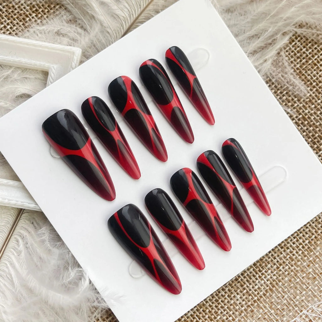 Gradient long tip press-on nails in European American wave line hot girl style with ultra-thin seamless build, 40 pieces for 4 sets