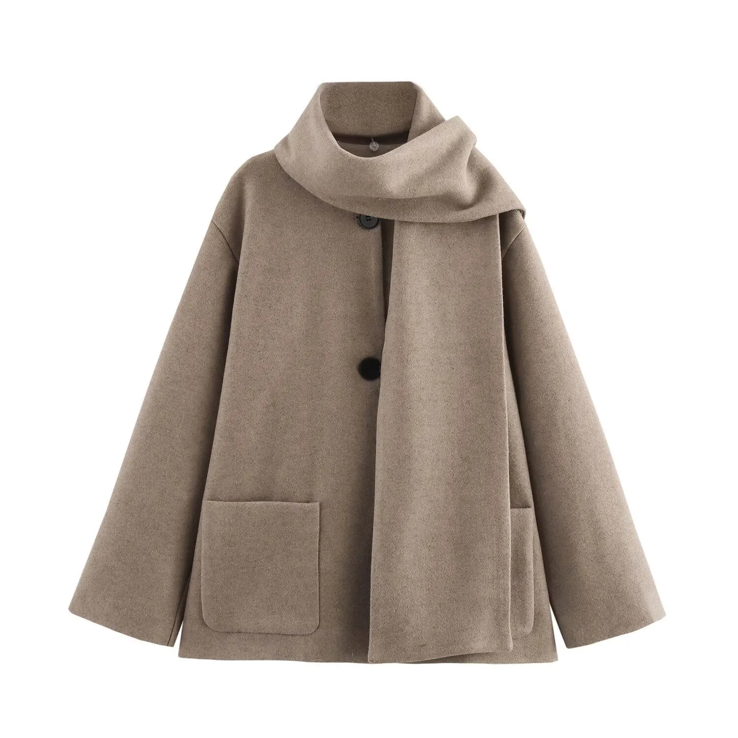 Women's long black polyester coat with a fluffy artificial fur collar, side pockets, and a street-fashion silhouette.