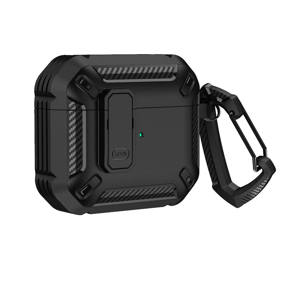 Two-tone clamshell protective case for Apple AirPods with a metal hook attached.