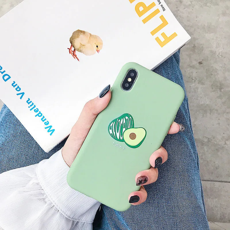 Cartoon avocado design on a green TPU back cover case for an iPhone.