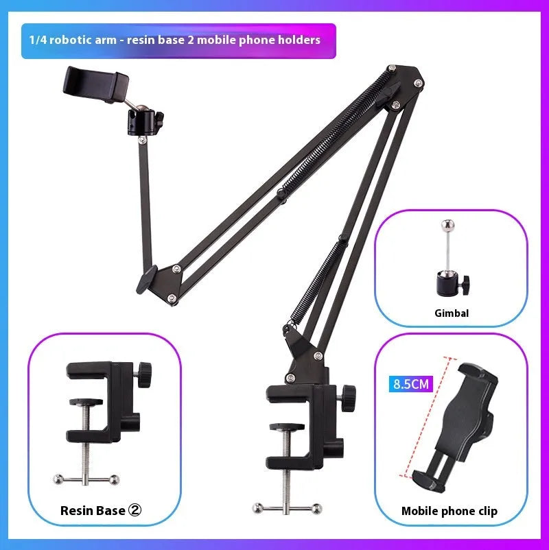 Black metal desktop cantilever bracket holding tablet with adjustable arms and folding mechanism